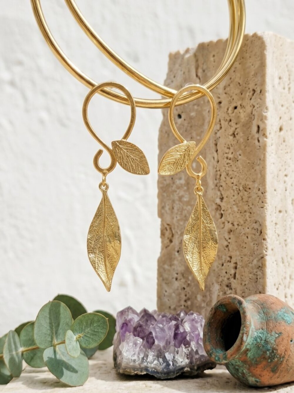 Turkish Gold Leaf Drop Earrings 18K Plated Brass Boho Statement Dangle Handmade - Picture 15 of 17